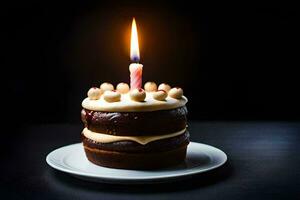 ein Schokolade Geburtstag Kuchen mit ein Single Kerze. KI-generiert foto