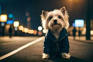 ein klein Weiß Hund tragen ein Jacke auf das Straße beim Nacht. KI-generiert foto