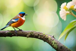 ein bunt Vogel sitzt auf ein Ast im Vorderseite von ein Blume. KI-generiert foto