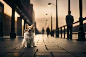 ein Hund Sitzung auf ein Bürgersteig im das Abend. KI-generiert foto