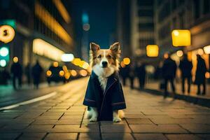 ein Hund tragen ein Mantel Stehen auf ein Straße beim Nacht. KI-generiert foto