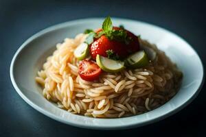 ein Teller von Pasta mit Tomaten und Basilikum. KI-generiert foto