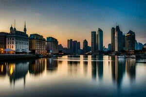 das Stadt Horizont ist reflektiert im das Wasser beim Sonnenuntergang. KI-generiert foto