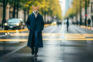 ein Fuchs im ein Graben Mantel Gehen Nieder ein Straße. KI-generiert foto