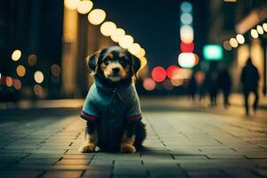 ein Hund tragen ein Jacke sitzt auf das Straße beim Nacht. KI-generiert foto