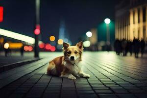 ein Hund Sitzung auf das Boden im ein Stadt beim Nacht. KI-generiert foto