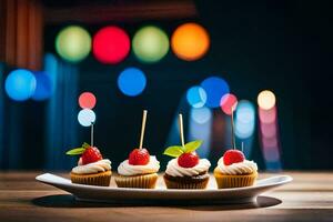 drei Cupcakes auf ein Teller mit ein Licht Hintergrund. KI-generiert foto