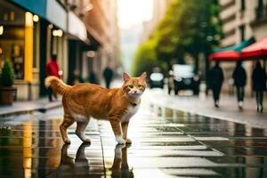 ein Orange Katze Gehen auf ein nass Straße. KI-generiert foto