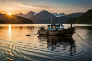 ein Boot sitzt auf das Wasser beim Sonnenuntergang. KI-generiert foto