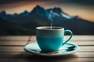 ein Tasse von Kaffee auf ein hölzern Tabelle mit Berge im das Hintergrund. KI-generiert foto