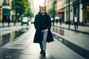 ein Katze tragen ein Maske Spaziergänge Nieder ein Straße. KI-generiert foto
