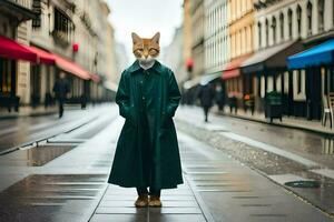 ein Fuchs tragen ein Mantel und Stehen im das Mitte von ein Stadt Straße. KI-generiert foto