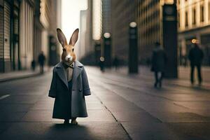 ein Hase gekleidet im ein passen und Krawatte Stehen im das Mitte von ein Stadt Straße. KI-generiert foto