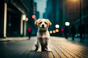 ein Hund Sitzung auf das Straße im das Stadt. KI-generiert foto