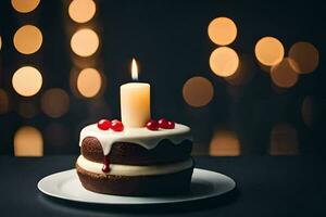 ein Kuchen mit ein Kerze auf Es. KI-generiert foto
