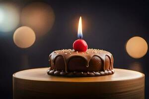 ein Schokolade Geburtstag Kuchen mit ein Single Kerze. KI-generiert foto