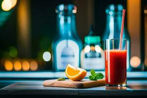 ein Glas von Saft mit ein Orange Scheibe auf ein Tisch. KI-generiert foto