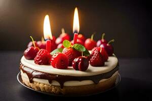 ein Geburtstag Kuchen mit Kerzen und Beeren. KI-generiert foto