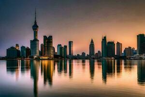 das Horizont von Shanghai beim Sonnenuntergang. KI-generiert foto
