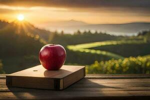 ein Apfel sitzt auf oben von ein Buch auf ein hölzern Tisch. KI-generiert foto