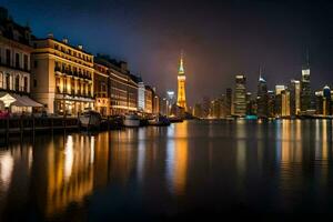 das Stadt Horizont beim Nacht mit das Wasser und Gebäude. KI-generiert foto