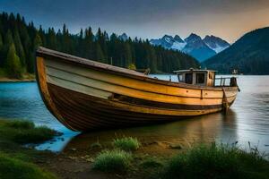 ein Boot sitzt auf das Ufer von ein See beim Sonnenuntergang. KI-generiert foto