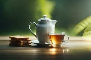 ein Tasse von Tee und ein Teekanne auf ein hölzern Tisch. KI-generiert foto