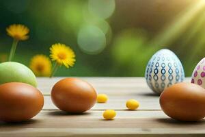 Ostern Eier auf ein Tabelle mit ein Sonne leuchtenden im das Hintergrund. KI-generiert foto