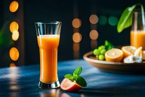 ein Glas von Orange Saft mit ein Scheibe von Melone. KI-generiert foto