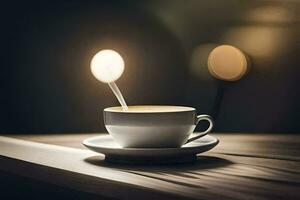 ein Tasse von Kaffee auf ein Tabelle mit ein Licht. KI-generiert foto