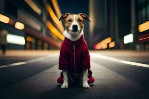 ein Hund tragen ein rot Mantel sitzt auf das Straße. KI-generiert foto