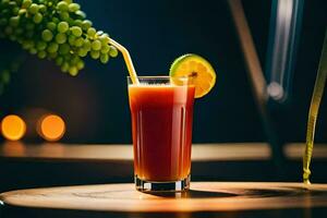 ein Glas von Saft mit ein Traube und ein Stroh. KI-generiert foto