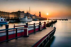 ein Seebrücke mit Boote angedockt beim Sonnenuntergang. KI-generiert foto