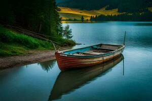 ein Boot sitzt auf das Ufer von ein See. KI-generiert foto