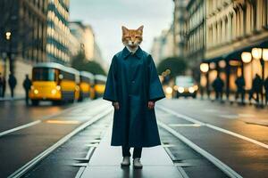 ein Person tragen ein Katze Maske auf das Straße. KI-generiert foto