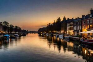 ein Kanal im das Mitte von ein Stadt beim Sonnenuntergang. KI-generiert foto