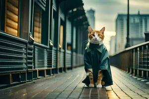 ein Katze im ein Mantel Stehen auf ein Brücke. KI-generiert foto