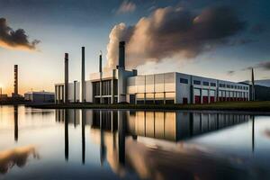 ein Fabrik mit Rauch Stapel und Wasser. KI-generiert foto