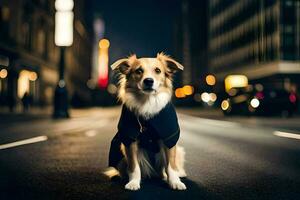 ein Hund Sitzung auf das Straße beim Nacht. KI-generiert foto