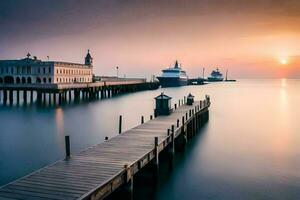 ein Seebrücke mit Boote und ein Gebäude beim Sonnenuntergang. KI-generiert foto