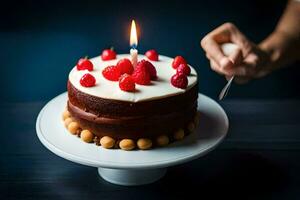 ein Person ist Beleuchtung ein Geburtstag Kuchen mit ein Kerze. KI-generiert foto