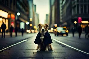 ein Hund im ein Mantel Sitzung auf das Straße. KI-generiert foto