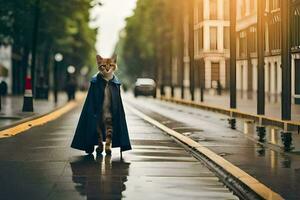 ein Katze im ein Blau Mantel Gehen Nieder ein Straße. KI-generiert foto