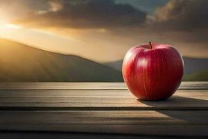 ein Apfel sitzt auf ein hölzern Tabelle im Vorderseite von ein Sonnenuntergang. KI-generiert foto