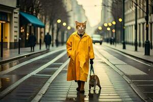 ein Katze im ein Gelb Regenjacke Gehen Nieder ein Straße. KI-generiert foto