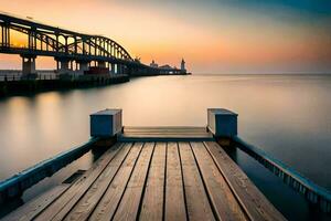 ein Seebrücke mit ein Brücke Über das Wasser beim Sonnenuntergang. KI-generiert foto