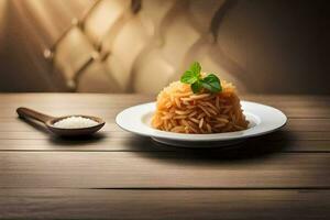 ein Teller von Pasta mit ein Löffel und ein hölzern Löffel. KI-generiert foto