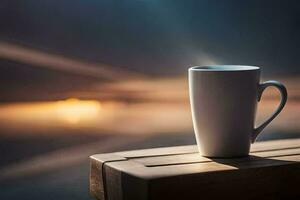 Kaffee Tasse auf das hölzern Bank, Sonnenaufgang, das Meer, das Meer, das Meer,. KI-generiert foto