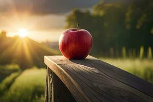 ein Apfel sitzt auf ein hölzern Bank im Vorderseite von ein Sonnenuntergang. KI-generiert foto