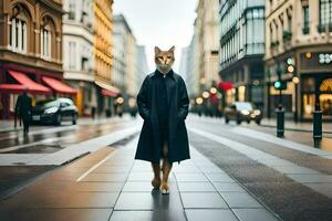 ein Katze im ein Mantel Gehen Nieder ein Straße. KI-generiert foto
